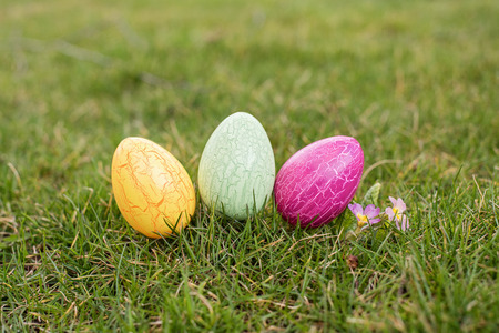 Tree colorful easter eggs in a row on a grass