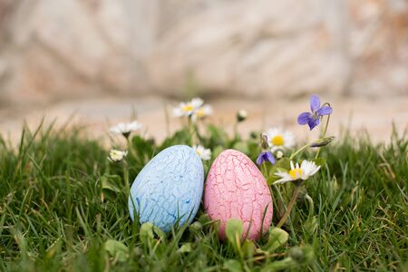 Two Easter eggs ina garden among spring flowers
