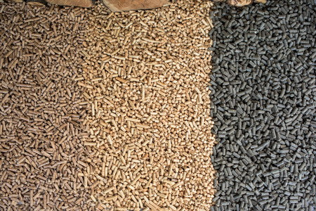 Three different kind of wooden pellets- pine, oak, sunflower pelletsの写真素材