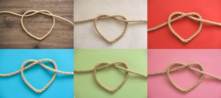 Heart shapes of a rope on different color backgroungs の写真素材