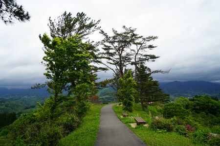 Walkway and benches among green trees in Japanese garden along hilltop with panorama view, Takachiho, Japanの写真素材