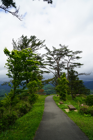 Walkway and benches in Japanese garden on mountaintop with panorama view, Takachiho, Japanの写真素材