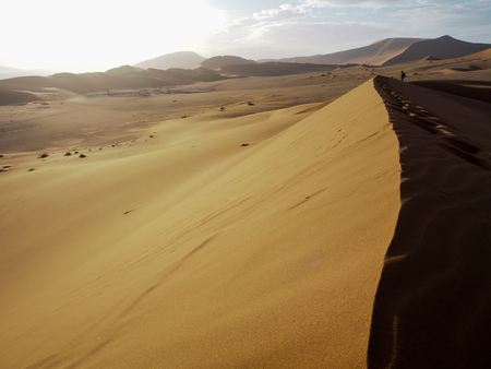 Natural curved ridge line, wind blow pattern and footprint on rusty red sand dune with strong sunlight on vast desert landscape with a traveler standing faraway, Sossus, Namib desert, Namibiaの写真素材