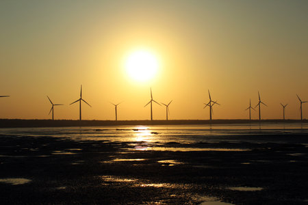 Sunset scenery after low tide, orange sky and sea water, with silhouette windmill.