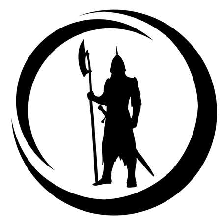 Medal or stamp of medieval warrior with sword, bow and spears. The silhouette of an assassin who attacks the enemyの写真素材
