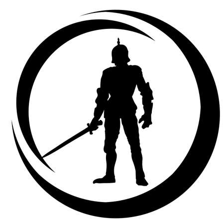 Medal or stamp of medieval warrior with sword, bow and spears. The silhouette of an assassin who attacks the enemyの写真素材