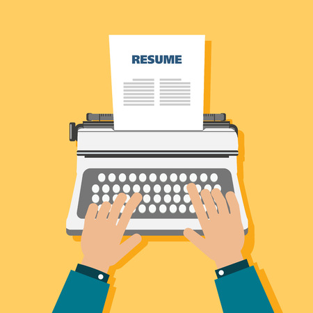 Business man typewriter with resume on yellow background vector.のイラスト素材