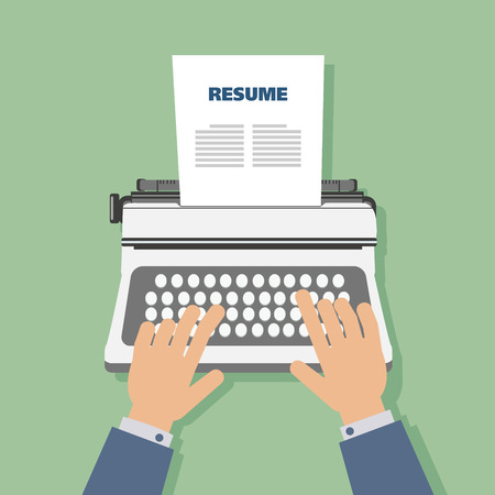 Business man typewriter with resume on green background vector.のイラスト素材