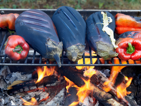 Roasting eggplants and red peppers over a campfireの写真素材