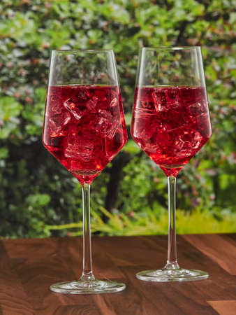 Apple cider with red berry flavor in a garden settingの写真素材