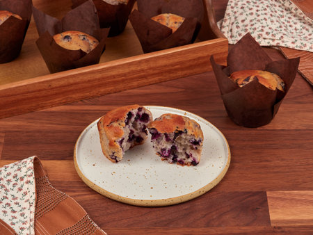 Ricotta and blueberry muffin on a ceramic plateの写真素材