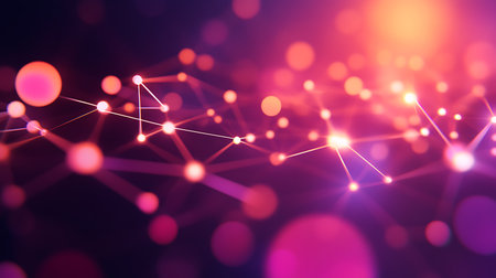 An abstract background with pink and purple bokeh circles and white lines connecting them, creating a web-like pattern.の写真素材