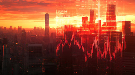 A city skyline at sunset, with a digital overlay of red lines and data. The image conveys a sense of technological advancement and rapid change, while the warm colors of the sunset suggest hope and possibility.の写真素材