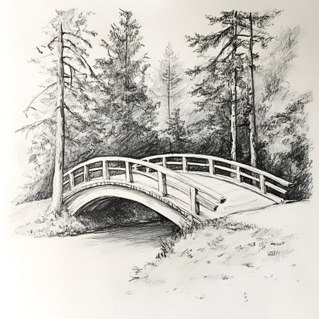 A black and white pencil drawing of a wooden bridge over a stream with trees surrounding it.の写真素材