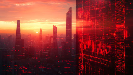 A red sunset over a city skyline with a screen displaying stock market data on the right.の写真素材