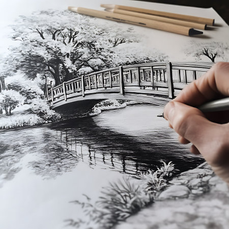 A hand draws a pencil sketch of a wooden bridge over a river with trees on either side.の写真素材