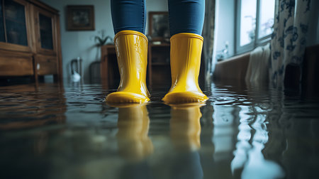 A pair of yellow rain boots stand in a flooded room, the water reflecting the light from a nearby window.の写真素材