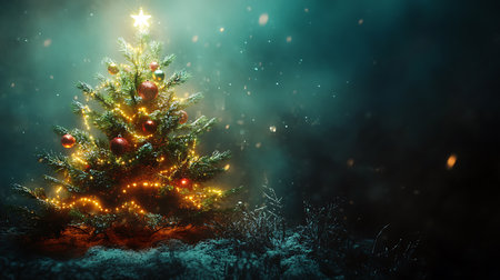 A Christmas tree adorned with lights and ornaments, standing in a snowy forest.の写真素材