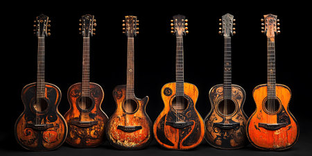 Six acoustic guitars with worn orange and black paint, lined up against a black background.の写真素材