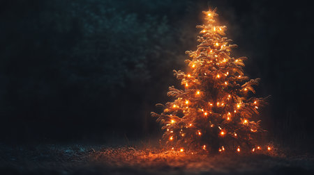 A glowing Christmas tree stands tall in a dark forest, its lights illuminating the surrounding area.の写真素材