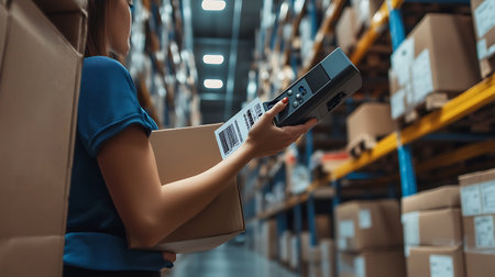 A woman scans a barcode on a box in a warehouse.の写真素材