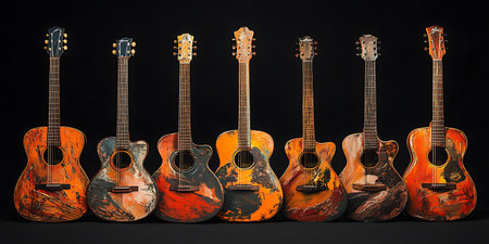 Seven acoustic guitars with colorful abstract paint designs, arranged in a row against a black background.の写真素材