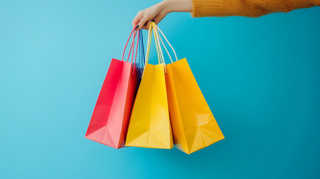 A hand in a brown sweater holds three colorful shopping bags against a blue background.の写真素材