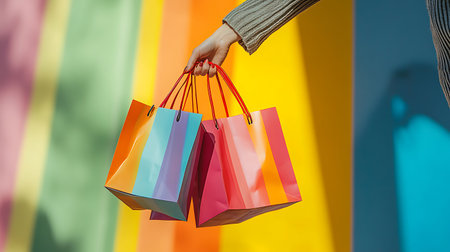 A hand holds three colorful shopping bags against a striped background.の写真素材