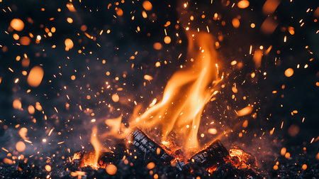 Close-up view of a blazing fire with sparks flying up in the air. The fire is burning in a fireplace or outdoor fire pit and the flames are casting a warm glow.の写真素材