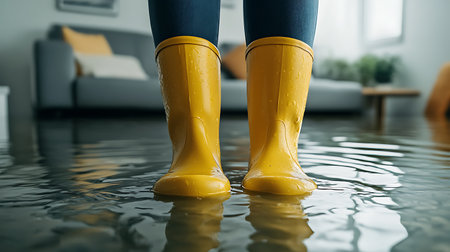 A pair of yellow rain boots stand in a flooded living room. The boots are wet and the water is rippling around them.の写真素材