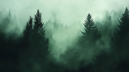 A dense fog covers a forest, creating an eerie and mysterious atmosphere. The tall pine trees stand tall amidst the swirling mist, their silhouettes barely visible against the pale green sky.の写真素材