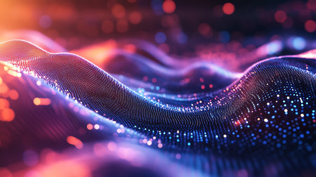 A 3D rendering of a wave of glowing blue and purple particles against a dark background, with blurred bokeh lights in the background.の写真素材