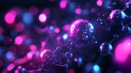 A close-up view of a glowing molecular structure with connected spheres, illuminated by colorful bokeh lights.の写真素材