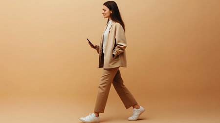 A woman in a beige suit walks and looks at her phone in front of a light brown background.の写真素材