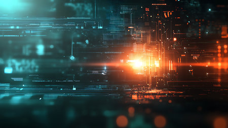 Abstract digital background with glowing lines and grids in blue and orange, suggesting technological advancement.の写真素材