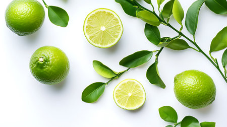 Limes and lime leaves on a white background.の写真素材