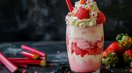 A tall glass of strawberry milkshake topped with whipped cream and fresh strawberries, with rhubarb stalks in the foreground.の写真素材