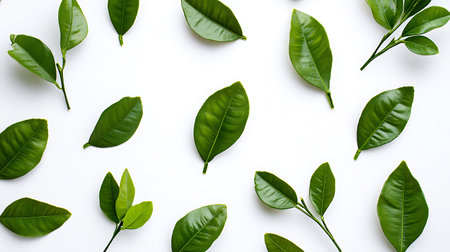 A collection of green leaves arranged on a white background, forming a simple yet elegant pattern.の写真素材
