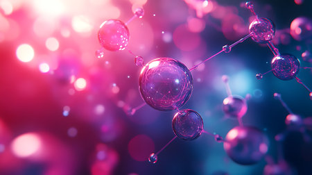 A close-up of a molecule, rendered in 3D with glowing spheres and connecting lines, set against a blurred background of pink and blue.の写真素材