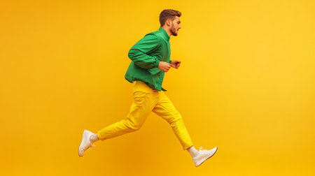 A man wearing a green jacket and yellow pants is mid-jump against a yellow background.の写真素材
