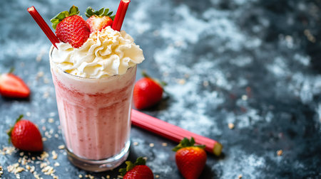 A glass of strawberry milkshake with whipped cream, topped with strawberries and a rhubarb stalk.の写真素材