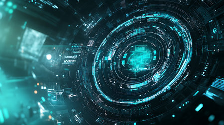 An abstract image of a futuristic technology interface with a glowing turquoise circle and a blue background.の写真素材