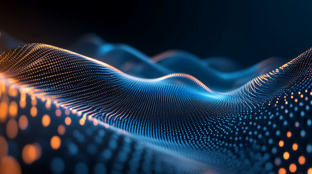 A dark blue and orange abstract background with a grid pattern of dots.の写真素材