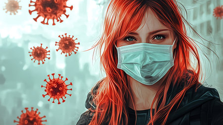 A young woman with red hair and wearing a face mask, with stylised depictions of the coronavirus in the background.の写真素材