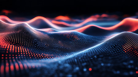 Abstract blue and red 3D wave surface with small glowing dots.の写真素材