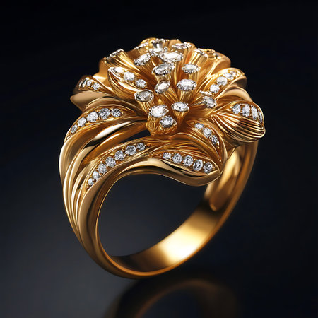 A close-up of a gold ring with diamonds set in a floral design. The ring is isolated on a black background and the diamonds sparkle brightly.の写真素材