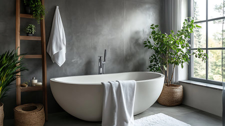 A modern bathroom with a freestanding bathtub, a large window, and plants.の写真素材