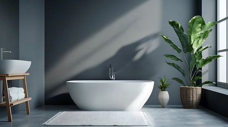 A minimalist bathroom with a white bathtub, a wooden shelf with towels, and a large plant in a wicker basket.の写真素材