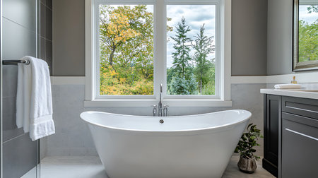 A modern bathroom with a white bathtub, grey tiles, a window overlooking a leafy forest, a white towel hanging on a chrome towel rack, and a dark wooden cabinet with white countertop.の写真素材