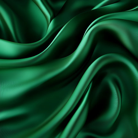A close-up of a smooth, green fabric with a slight sheen. The fabric is arranged in soft, flowing curves.の写真素材